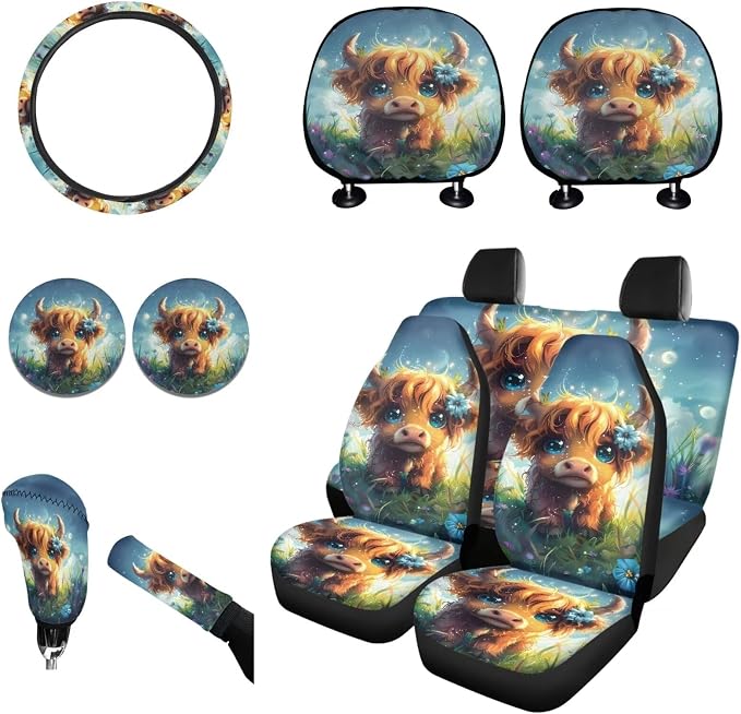 Wanyint Cute Highland Cow 11 Pack Car Seat Cover Set with Steering Wheel, Shift Knob, Handbrake, Coasters & Headrest Covers - Universal Fit