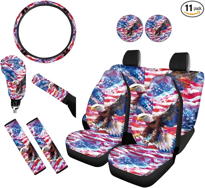Gradient American Flag & Eagle 11-Piece Car Seat Cover Set with Steering Wheel Cover and Seatbelt Pad Covers, Universal Fit for Most Vehicles, 250th Anniversary Patriotic Auto Decor