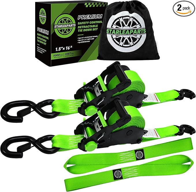 Retractable Ratchet Straps (2pk) -Patented | 1.5 in x 16 ft Heavy Duty Auto Ratchet Straps with Soft Loops | Perfect Automatic Tie Downs for Motorcycle,Kayak and Truck | Break Strength 5,000LBS/2268KG