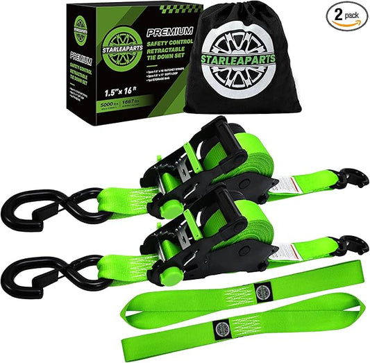 Retractable Ratchet Straps (2pk) -Patented | 1.5 in x 16 ft Heavy Duty Auto Ratchet Straps with Soft Loops | Perfect Automatic Tie Downs for Motorcycle,Kayak and Truck | Break Strength 5,000LBS/2268KG