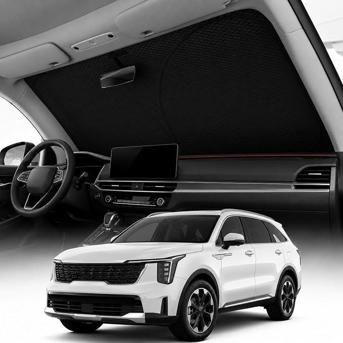 REEVAA 2026 3rd Pro Windshield Sunshade for 2021-2026 Kia Sorento | Dual-Layer Heat & Sun Defense, OEM Design | Foldable Sun Shade Car Accessories with Storage Bag