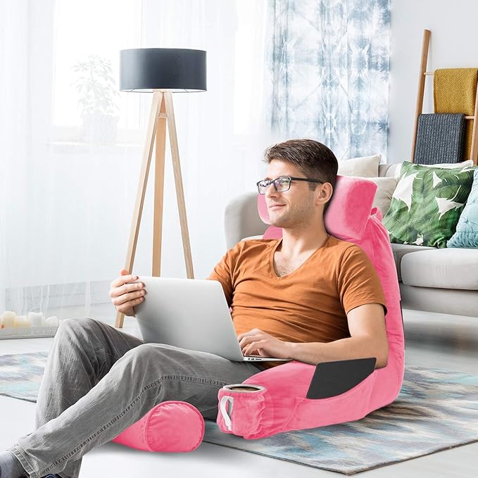 Nestl Reading Pillow with Shredded Memory Foam Includes 2 Neck and Lumber Support Pillows, Designed for Sitting Up in Bed and Couch, Back and Arms Adjustable Support for Adult & Teens, Light Pink