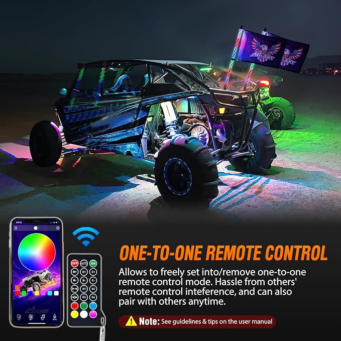 Nilight 2PCS 2FT RGB LED Whip Light with Extra Stop Turn Reverse Lights, Remote & App Control, DIY Chasing Patterns, Safety Antenna Lighted Whips for ATV UTV Polaris RZR Can-am