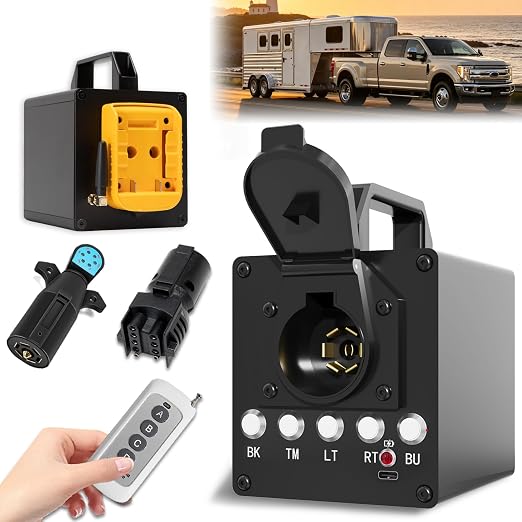 Portable Trailer Light Tester Box Compatible with De. Walt 20V Battery, Wireless Remote Control Operation, Fit for 7-Way Round & 3/4/5 Flat Pin Type