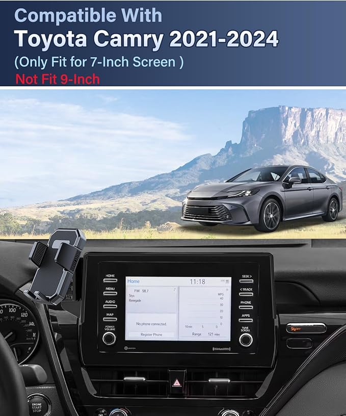 PZK Car Phone Holder for Toyota Camry 2021-2024 LE/SE/SE Nightshade/TRD Accessories Only for 7-Inch Screen Fixed Clip Auto Lock Car Phone Mount 360° Rotate Fit for 4-7'' Phones (Not Fit 9-Inch)