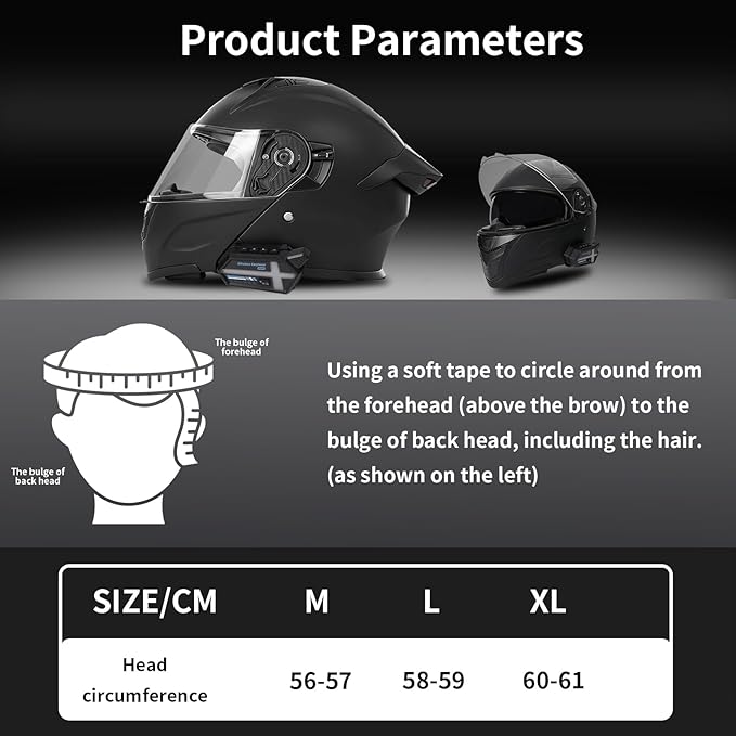 Bluetooth Modular Motorcycle Helmets with Tail Lights, DOT Approved Flip Up Full Face Motorcycle Dual Visor Helmet, with Dual Speakers and Microphone, for Adults Men and Women