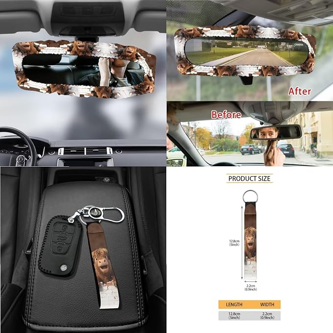 Wanyint 15 PCS Car Seat Covers Set for Women, with Steering Wheel Rear View Mirror Cover Seat Belt Pads Trash Bin Sunglass Pocket Coasters Key Chain Car Accessories, Funny Highland Cow Brown