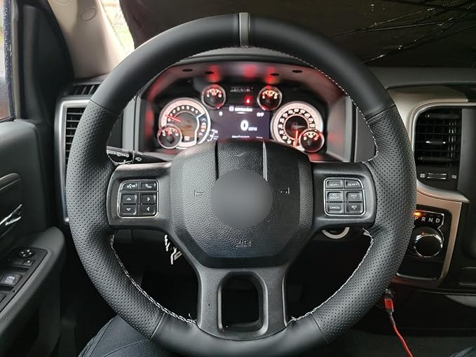 MEWANT Hand Sew Grey Stripe Black Artificial Leather Steering Wheel Wrap for Dodge RAM 1500 1500 Classic 2500 3500 5500