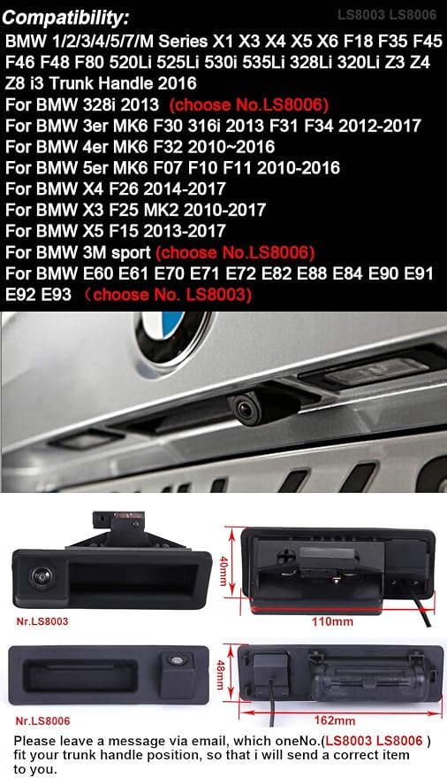 HD Trunk Handle 170° Rear View Reversing Camera Parking Aids System Compatible with BMW 520Li 525Li 530i 535Li 328Li 320Li Z3 Z4 Z8 i3/328i/F30 316i/F15/E60 E61 E70 E71 E72 E82 E88 E84 E90 E91 E92 E93
