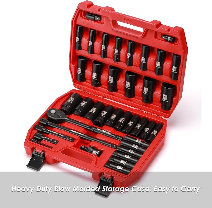 MIXPOWER 38-Piece 1/2-Inch Drive Deep Impact Socket Master Set with 10-inch Quick-release Ratchet Handle & Accessories, 3/8" - 1-1/4", 10-32MM, Deep, SAE&Metric, CR-V Steel