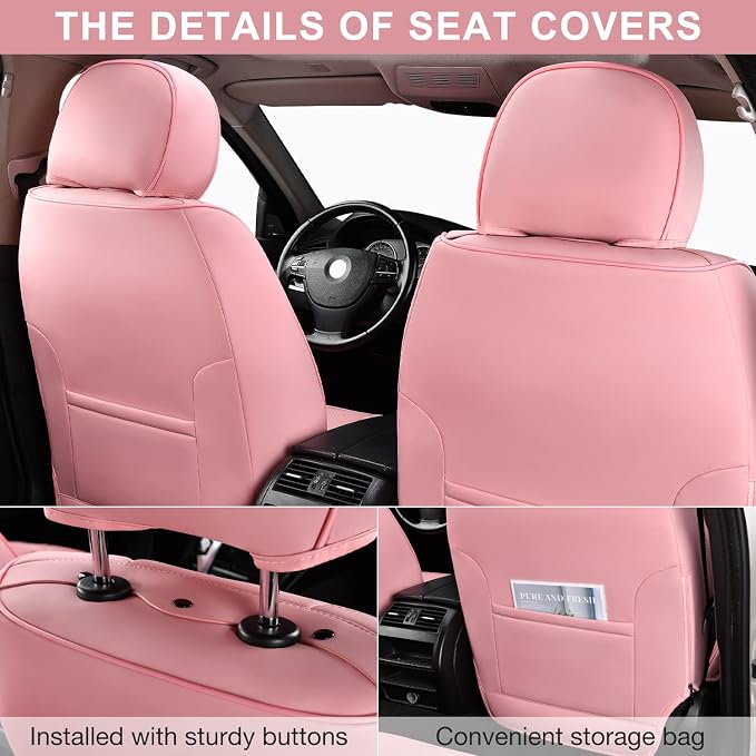 TIEHESYT Pink Car Seat Covers Full Set, Breathable Leather Automotive Front and Rear Seat Covers & Headrest for Comfortable Driving, Universal Auto Interior Fit for Most Kinds of Vehicles