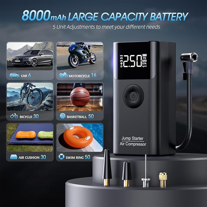 Car Battery Jump Starter with Air Compressor, 2500A Car Jumper Starter Portable (Up to 9L Gas/8L Diesel), 12V Jump Box 150PSI Auto-Shutoff Tire Inflator with Smart Clamps, Road Trip Essentials