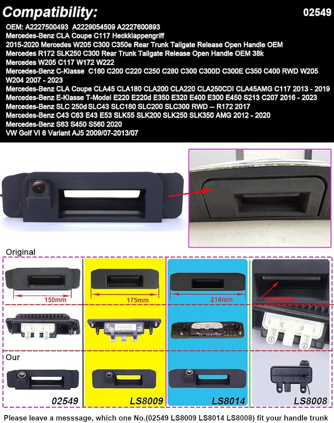 1280 * 720pixel Rear View Camera IP68 Waterproof Car Trunk Handle Backup Camera for Mercedes Benz W205 C300 C350e C-Klasse C180 C200 C220 C250 C280 C300 C300D C300E C350 C400 RWD (02549=195 * 54mm)