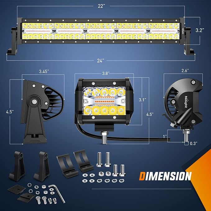 Nilight 22Inch 480W LED Light Bar 2PCS 4Inch 60W Light Pods Amber White Strobe 6 Modes Memory Function Reset Function Off Road Truck with 16AWG Wiring Harness Kit-3 Leads