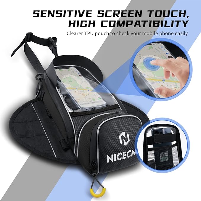 NICECNC Motorcycle Gas Tank Bag Magnetic, 6 Magnets & 5 Straps Reinforced, Detachable Anti-slip Base Portable, Dirt Bike Tank Bag Storage Bag Muti-functions for Men Women Cycling Hiking Camping, Black