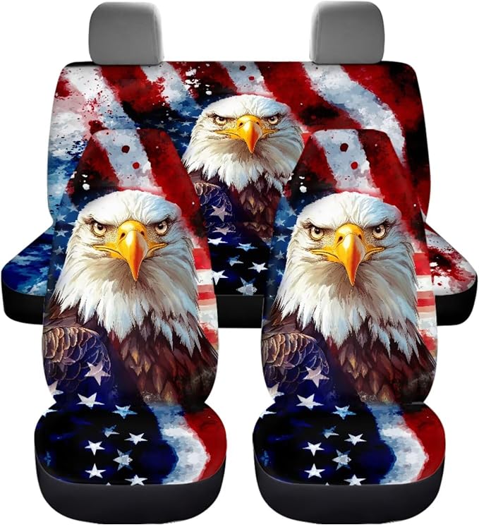 American Flag & Bald Eagle Car Seat Cover Set of 11, Patriotic Auto Decor with Universal Fit Steering Wheel & Seat Belt Covers for 250th Anniversary and 4th of July