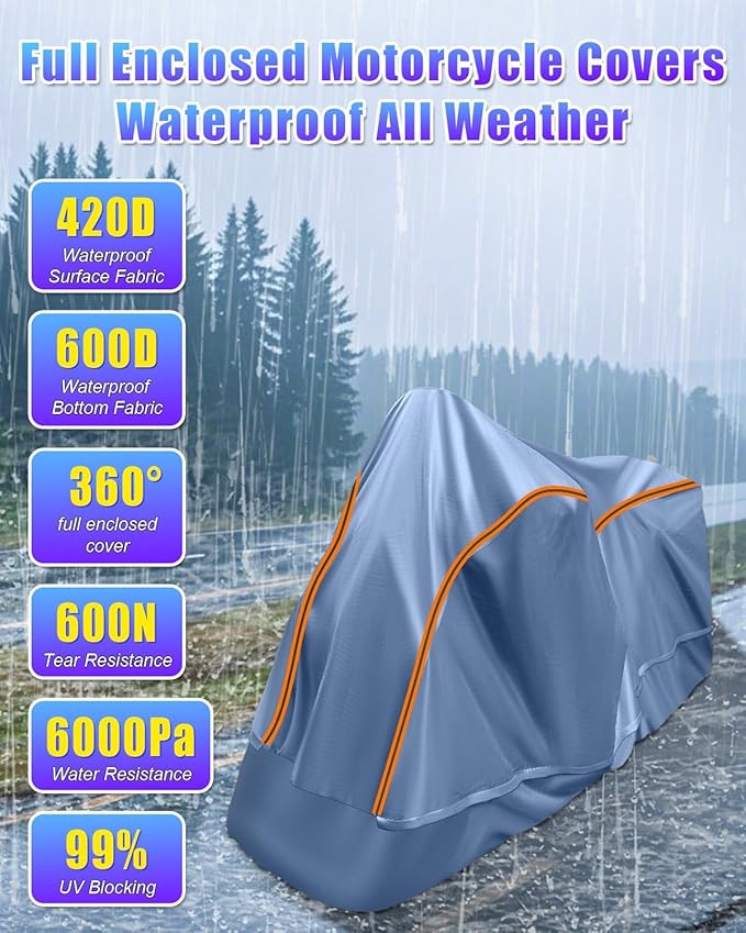 Full Enclosed Large Motorcycle Cover Waterproof Outdoor/Indoor Storage Waterproof Motorcycle Cover Heavy Duty with Reflective Strips Fits Motorcycles Length up to 118" with Side+Top Box