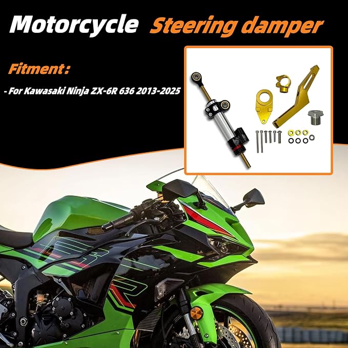 steering damper for Kawasaki Ninja ZX-6R ZX6R ZX636 2013-2025,steering shock absorber made of CNC Aluminum#steering stabilizer#Mounting bracket（gold）