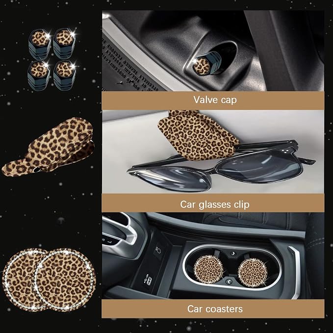 24 Pcs Leopard Print Car Accessories,Including License Plate Frame,Rearview Mirror Decoration,Etc,Suitable for Sedan,SUV and Other,Cute Car Interior Set for Women (Brown)