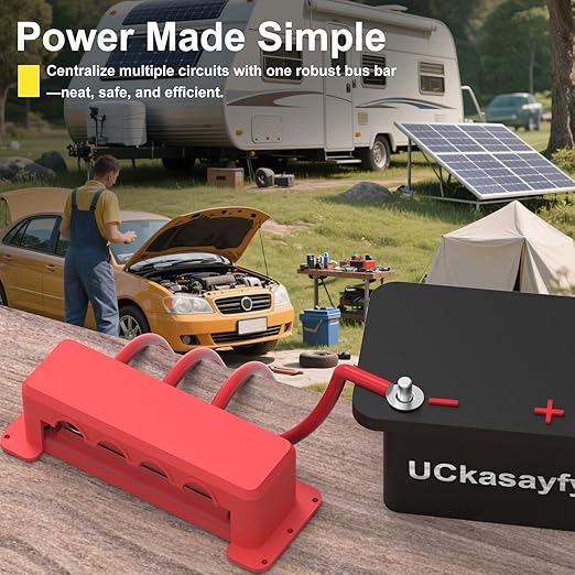 600A Bus Bar 12V Power Distribution Block with 3/8" (M10) 4-Posts Heavy Duty Terminals Block with Cover for Automotive, Marine, Battery System (Red)