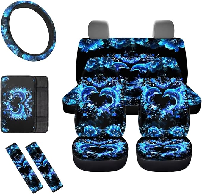 Heart Floral Dolphin Car Seat Covers Full Set 8 Pcs Car Accessories for Women Front Seat Cover Steering Wheel Armrest Cover Seat Belt Cover for Auto SUV Interior Decoration