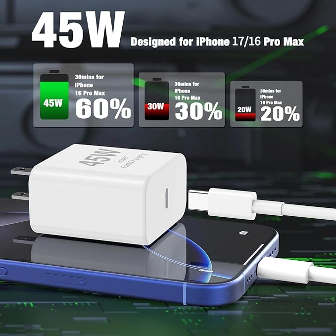 45W iPhone 17 16 Pro Max Charger Fast Charging,3Pack USB C Fast Charger Block with Long 10/10/6FT C to C Cable for Apple 17 Pro Max/16 Pro/15/iPad 13th,PD Quick Adapter 3.2 for iPhone 17-Blue