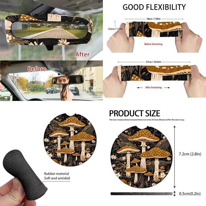 Mushroom Car Aaccessories Full Set of 15 Pcs, Cute Car Seat Covers Set with Rear View Mirror Cover,Steering Wheel Covers,Car Trash Can with Lid for Women Man,Universal Fit