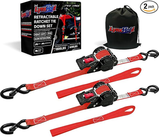 Retractable Ratchet Straps (2-Pack) - Heavy Duty Auto Slow Retraction Tie Down Straps - 1 Inch x 13 Feet (1,800lb Break Strength) for Truck, Cargo Trailer, Motorcycle, ATV, UTV - Red
