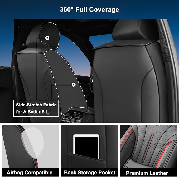 Fit Envision Car Seat Covers (Front Pair) for Select Buick Envision 2016-2026 - Premium Full Coverage Leather, Airbag Compatible, Waterproof & All Weather Seat Cushion Protector, Red Trim