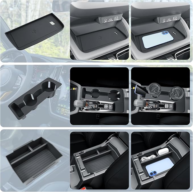 BIBIBO 3Pcs for New 2026 Subaru Forester Center Console Organizer 2026 Subaru Forester Console Armrest Tray+Cup Holder +Wireless Charging Mat Forester Insert Organizer (Not for 2025 Forester)