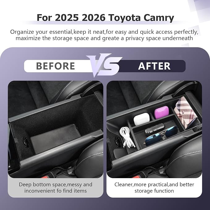 LUWU Center Console Organizer Compatible with 2025 2026 Toyota Camry Accessories Armrest Console Armrest Storage Box Glove Organizer Tray Secondary Insert ABS Material with Sunglasses Holder