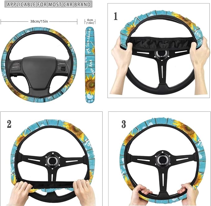 POLERO 11pcs Car Seat Covers Sunflower on Board Print Steering Wheel Cover Set 11pcs You are My Sunshine Seatbelt Pads with Dog Paws Car Coasters