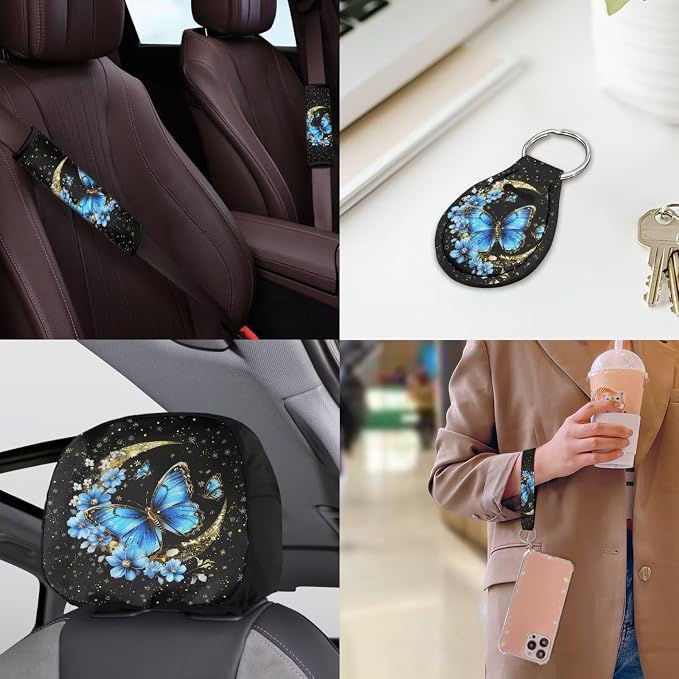 Butterfly Moon Car Seat Covers Full Set 18 Pieces Universal Car Interior Accessories Set with Blue Butterfly Flower Print Car Seat Belt Pads Cover Car Headrest Covers Cup Coasters Keychain