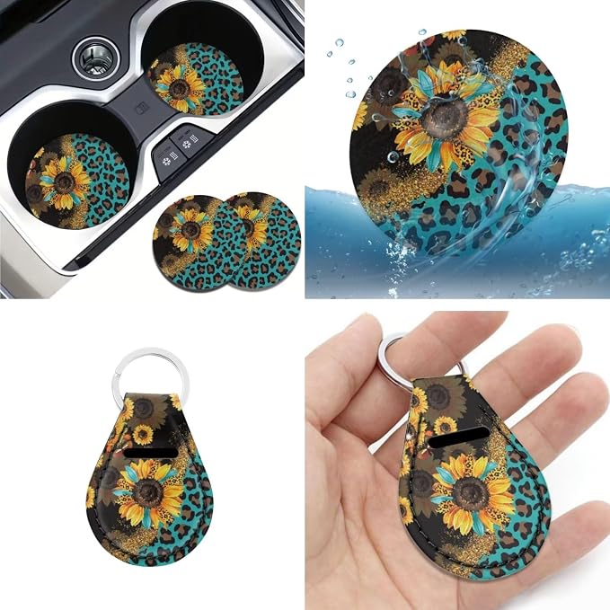 Leopard Sunflower Car Seat Covers for Women Men,Neoprene Car Steering Wheel Cover Seatbelt Pads Armrest Pads Keychain Leopard Car Interior Sets Leopard Car Coasters Decor Accessory