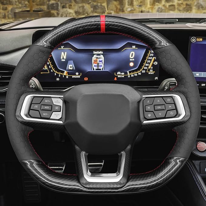 MEWANT Hand Stitch Black Shiny PU Carbon Fiber Embossed Artificial Leather Steering Wheel Cover for Ford Mustang 2024