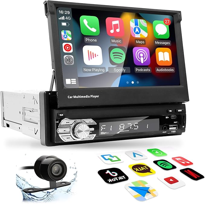 Single-Din-Touchscreen-Radio,Carplay&Android Auto,Car-Stereo-with Backup Camera Bluetooth/FM/RDS Radio/Type-C/USB/SD/MP4/MP5 Player EZoneTronics