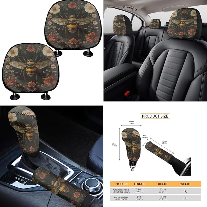 Floral Bee Seat Covers for Cars Full Set 15 Pcs Seat Covers Front and Back with Steering Wheel Cover Seatbelt Pad Coasters Trash Can Car Headrest Pillow Covers Armrest Pad