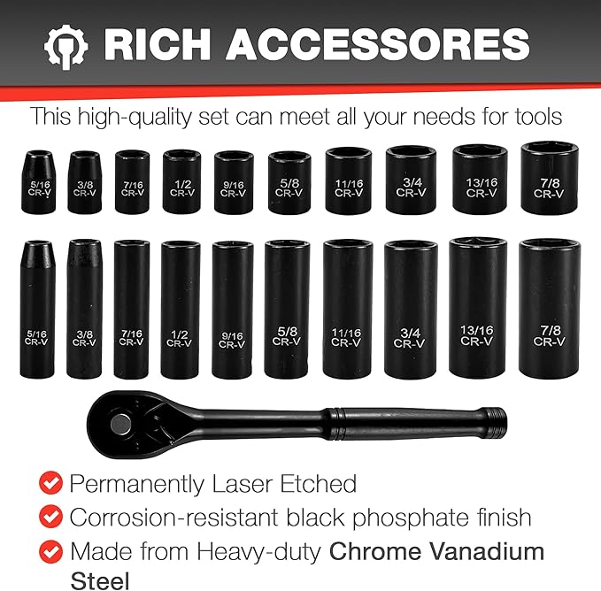 EACELIY 21pcs 3/8" Socket Set,Drive Impact Socket Set, SAE, Deep & Shallow, Cr-V Steel, 6 Point with Adapters, 72T Ratchet Handle, 5/16-7/8inch