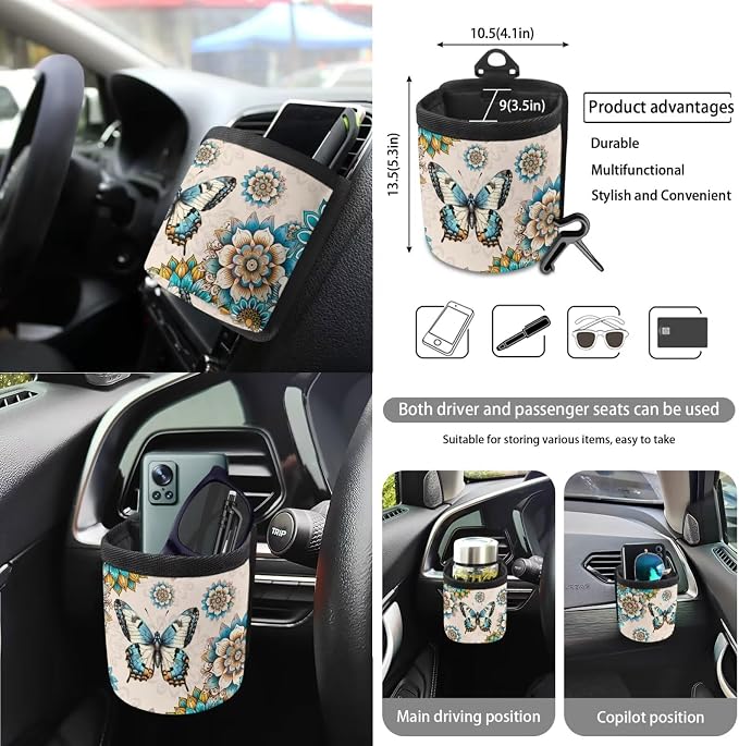 Butterfly Boho Mandala Print Car Seat Cover Sets Car Steering Wheel Cover Seat Belt Cover Trash Bin Air Vent Storage Box Front Rear View Mirror Car Cup Holder Keychain 15Pcs Car Accessories
