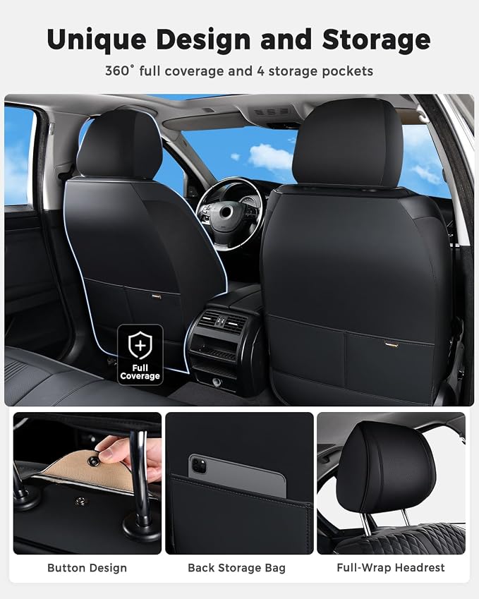Huidasource Seat Covers, Luxury Nappa Leather Car Seat Cover with Velcro Adjustable, Airbag, Lumbar Support, Cooling ＆ Heating, Seat Covers Full Set Universal Fit for Most Cars SUV Trucks, Black