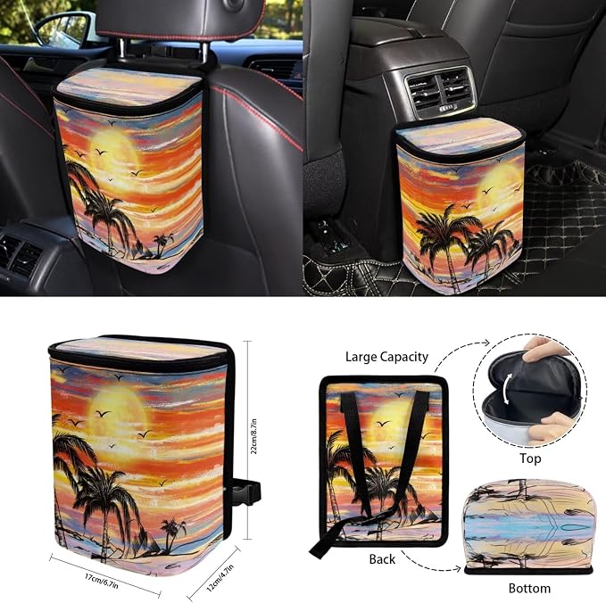 Sunset Tropical Palm Car Seat Cover Full Set Automotive Steering Wheel Covers Auto Seatbelt Pads Coaster Trash Can Rear View Mirror Cover Car Coasters Keychain 15 Packs