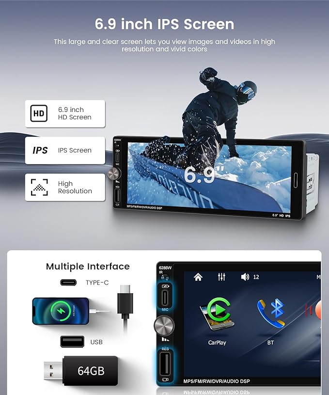Single Din Car Radio Stereo Wireless Carplay & Android Auto, 6.9" HD IPS Touch Screen Radio, Bluetooth 5.2 Car Audio Receiver, Mirror Link, SWC, 1 Din Stereo with Backup Camera, FM/EQ/USB/Type-C