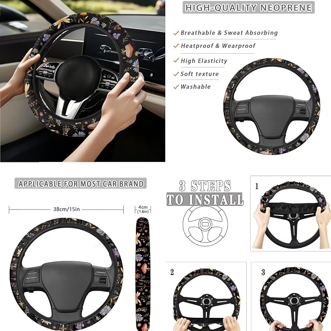 Moth Floral Car Seat Covers Full Set 15 Pcs Universal Car Accessories Steering Wheel Cover Seat Belt Pads Garbage Bag Car Headrest Pillow Covers Armrest Pad