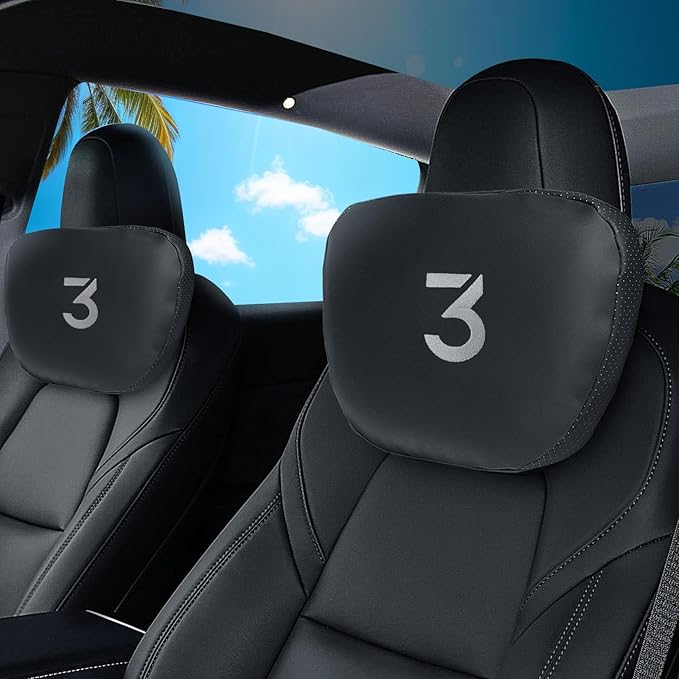 Nappa Leather Car Neck Pillow for Tesla Model Y Model 3 Juniper/Highland Headrest Pillow Memory Foam Ergonomic Design Breathable Height Adjustable Accessories (Black-2 pcs-3)