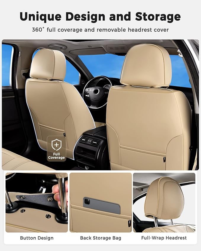 Huidasource Beige Seat Covers Luxury Nappa Leather, Car Seat Cover with Velcro Adjustable, Airbag, Lumbar Support, Cooling＆Heating, Automotive Seat Covers Universal Fit for Most Cars SUV Trucks Beige