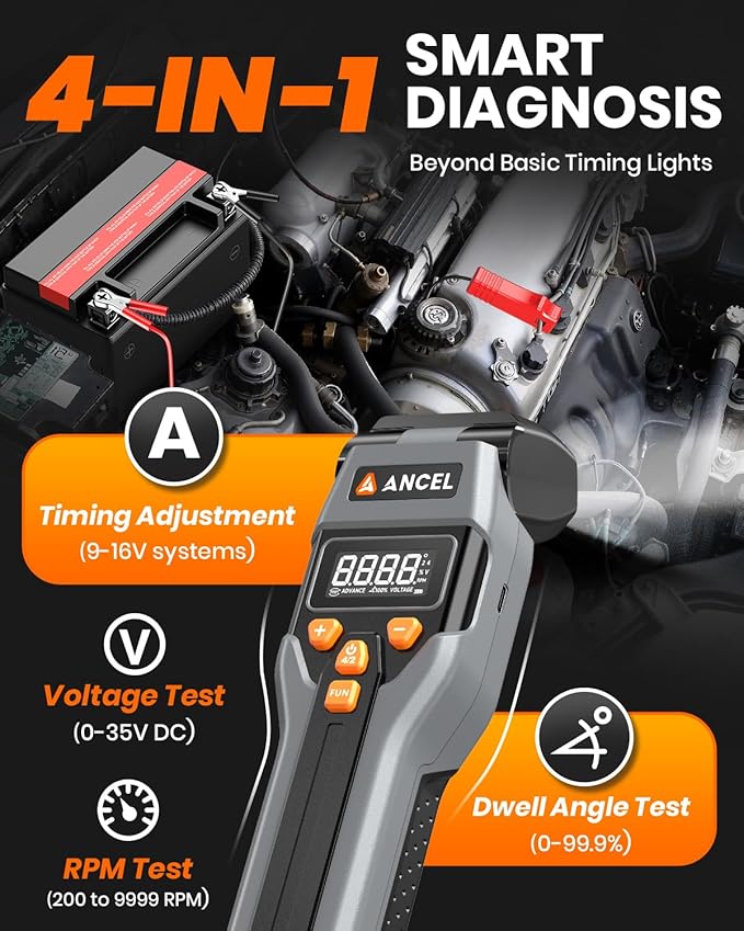 ANCEL LT70 Digital Timing Light Automotive with Tachometer (RPM), Advance, Dwell & Voltage Test, Self-Powered Inductive Ignition LED Timing Gun with Type-C Charging & 12V Backup for Gas Engines