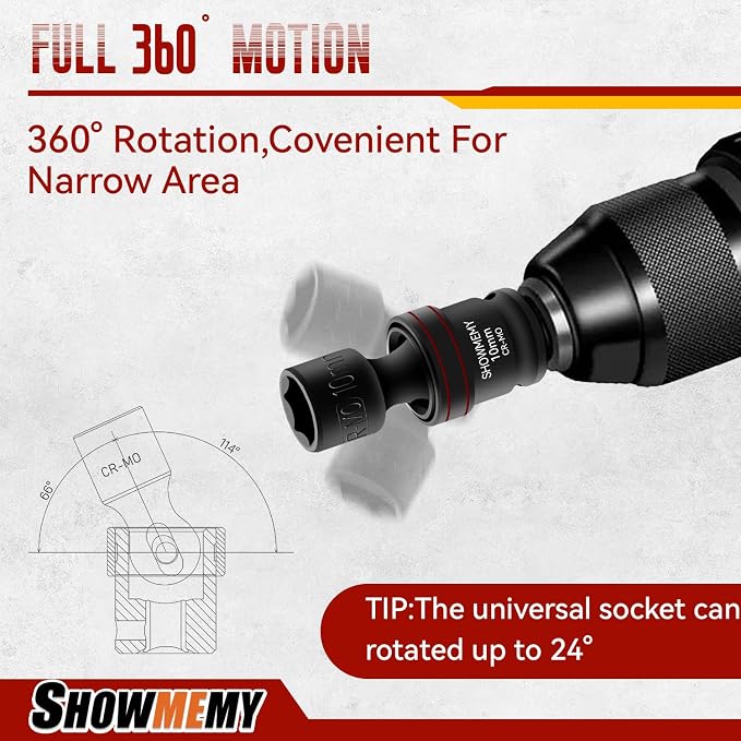 Drive Impact Universal Joint Socket Set, 6 Points, Shallow Swivel Socket Set, Cr-Mo Steel. Flexible Wobble Sockets with 3", 6" Extension Bar, Adapter(Metric 1/2(18 PCS)