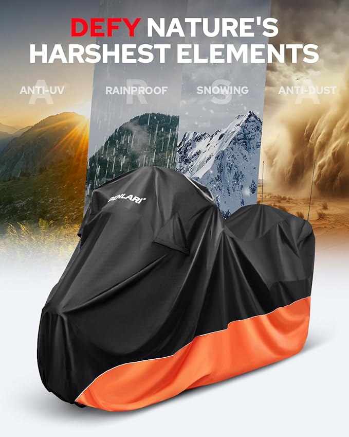 Benlari Waterproof Motorcycle Cover with Side Top Box Compatible with Harley Davidson Touring Ultra Limited Street Glide Road Glide Electra Glide Honda Outdoor All Weather Protection, 116" x 47" x 53"