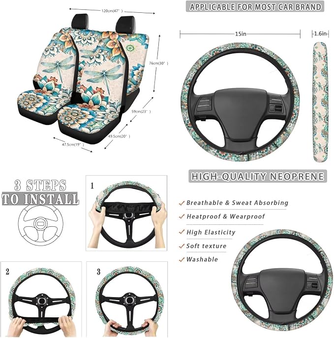 Suobstales Boho Dragonfly Mandala Print Car Seat Covers Set of 13 with Universal Steering Wheel Cover, Rearview Mirror Cover, Car Trash Can, Seatbelt Pads, Cup Holder Coasters, Keychains