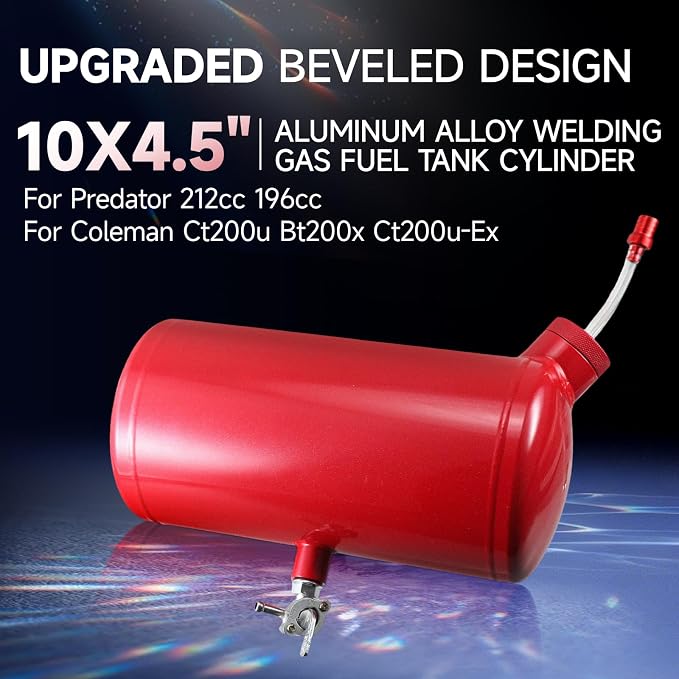 Upgraded beveled design 10x4.5" Aluminum alloy welding Gas Fuel Tank Cylinder(Premium Glossy Paint Finish Red) For Predator 212cc 196cc/6.5HP Go Kart & Mini Bike,For Coleman CT200U BT200X CT200u-ex